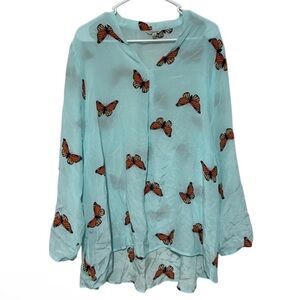 J. Peterman Blue monarch Butterfly Print teal blue Blouse Size XL Silk